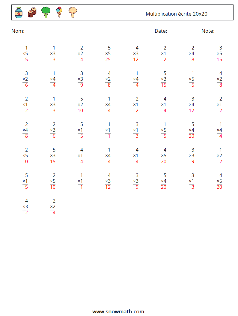 (50) Multiplication écrite 20x20 Fiches d'Exercices de Mathématiques 10 Question, Réponse