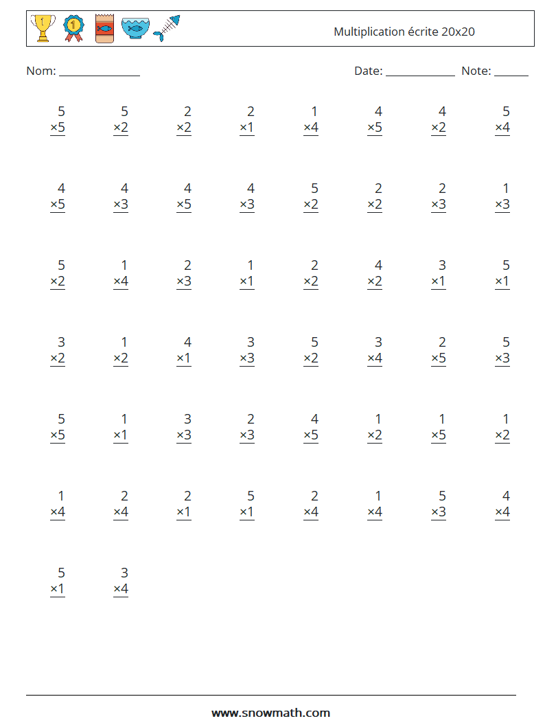 (50) Multiplication écrite 20x20 Fiches d'Exercices de Mathématiques 11
