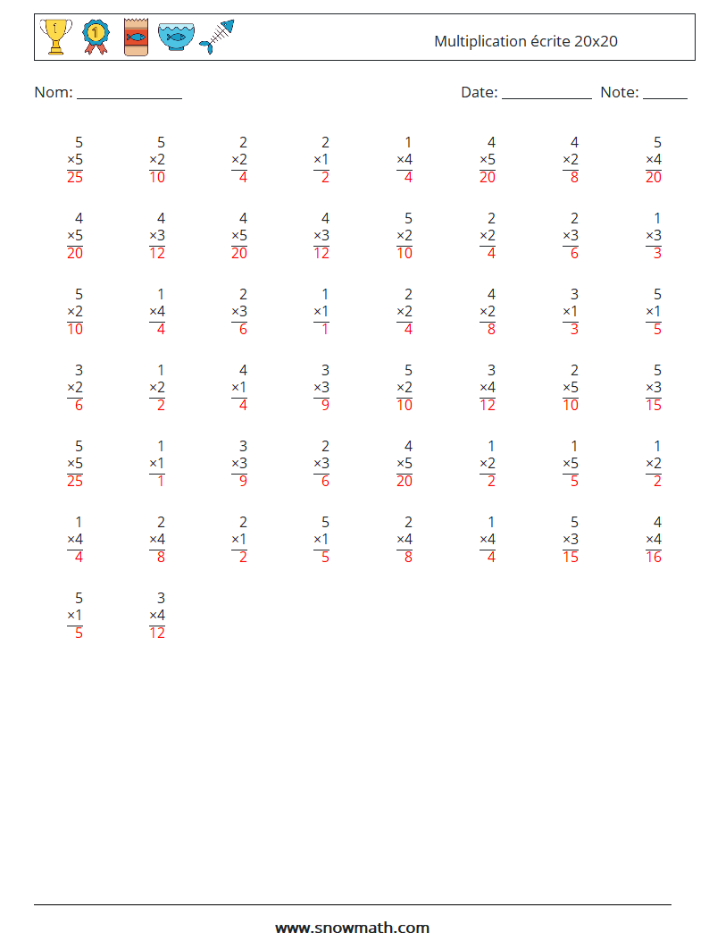 (50) Multiplication écrite 20x20 Fiches d'Exercices de Mathématiques 11 Question, Réponse