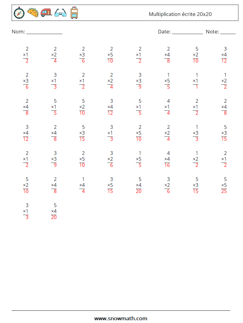 (50) Multiplication écrite 20x20 Fiches d'Exercices de Mathématiques 12 Question, Réponse