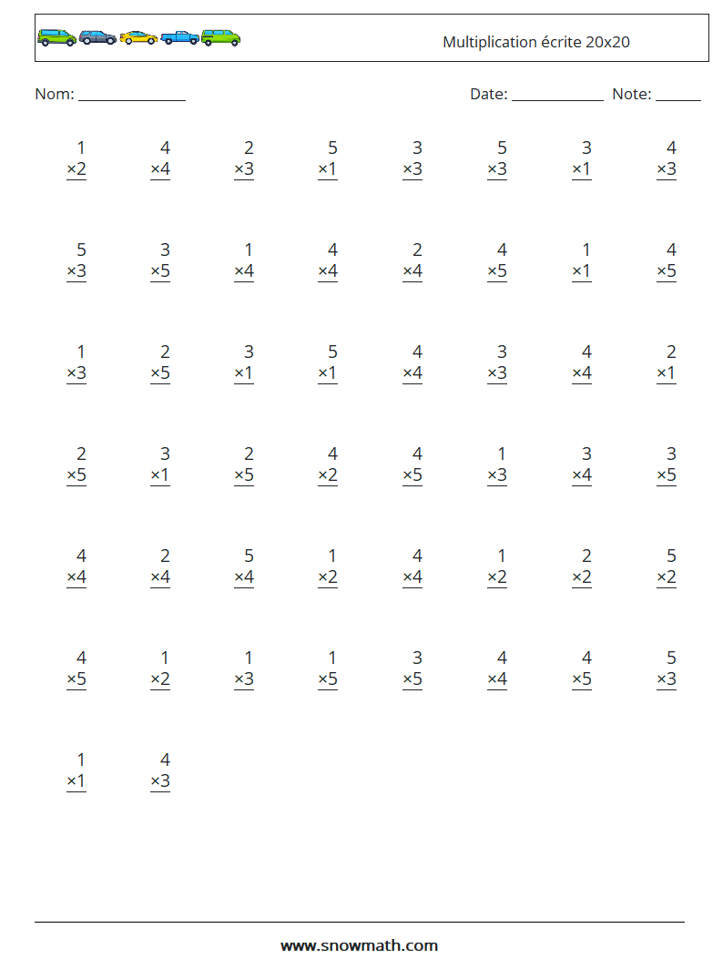 (50) Multiplication écrite 20x20 Fiches d'Exercices de Mathématiques 13