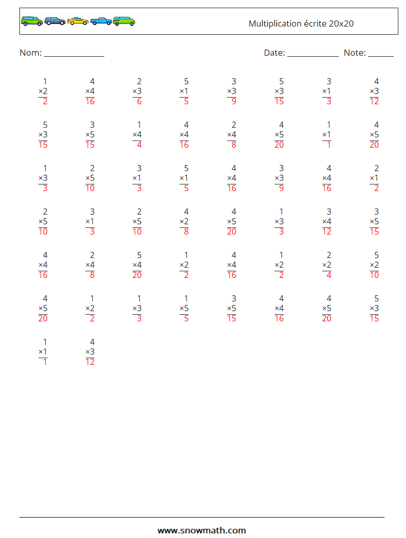 (50) Multiplication écrite 20x20 Fiches d'Exercices de Mathématiques 13 Question, Réponse
