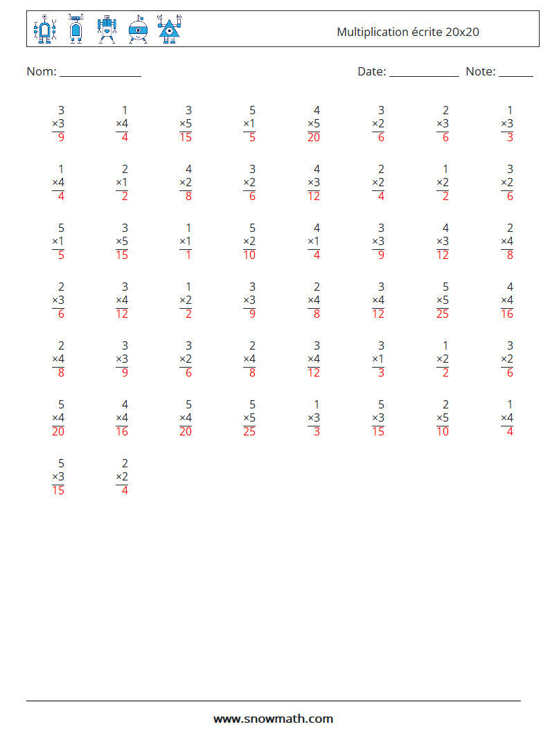 (50) Multiplication écrite 20x20 Fiches d'Exercices de Mathématiques 14 Question, Réponse