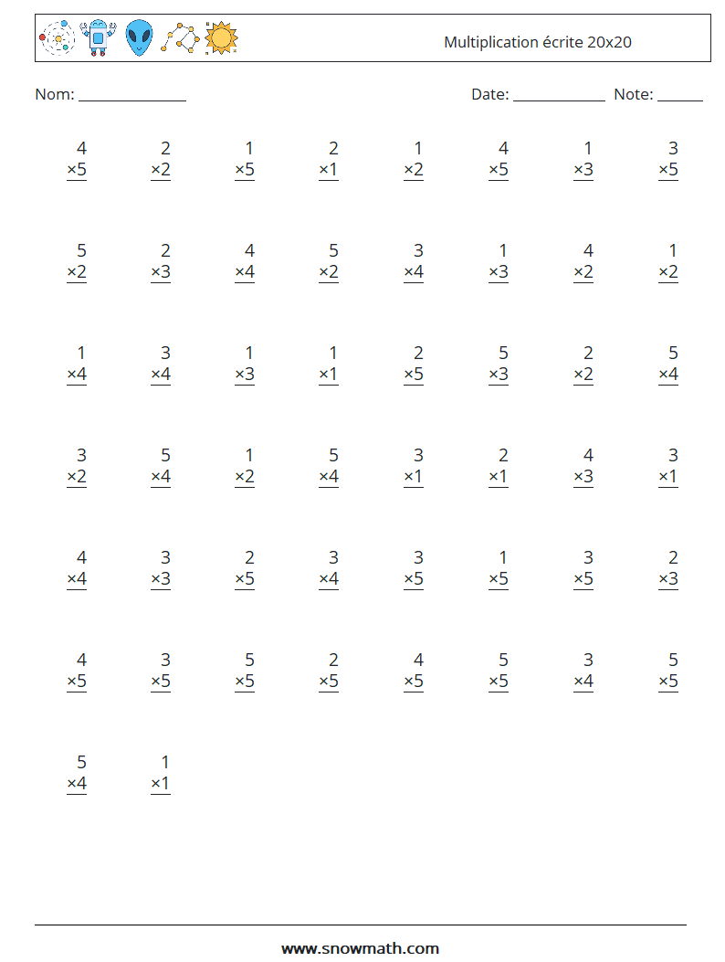 (50) Multiplication écrite 20x20 Fiches d'Exercices de Mathématiques 15