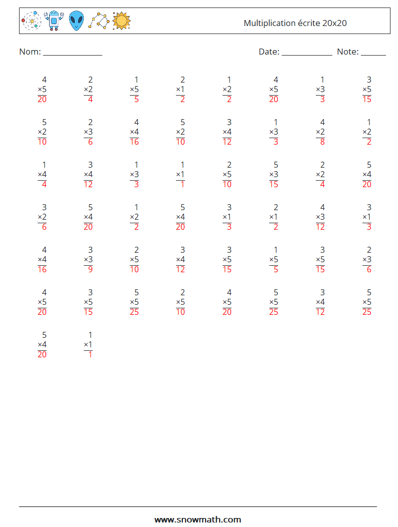 (50) Multiplication écrite 20x20 Fiches d'Exercices de Mathématiques 15 Question, Réponse
