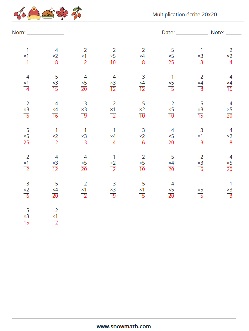 (50) Multiplication écrite 20x20 Fiches d'Exercices de Mathématiques 16 Question, Réponse