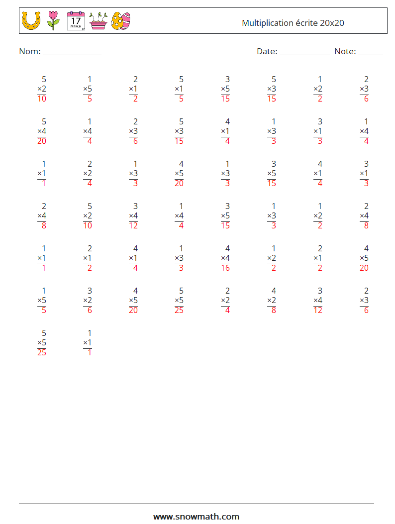 (50) Multiplication écrite 20x20 Fiches d'Exercices de Mathématiques 17 Question, Réponse