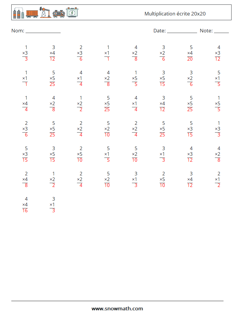 (50) Multiplication écrite 20x20 Fiches d'Exercices de Mathématiques 18 Question, Réponse