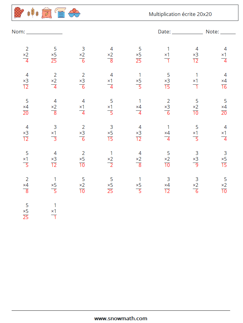 (50) Multiplication écrite 20x20 Fiches d'Exercices de Mathématiques 1 Question, Réponse