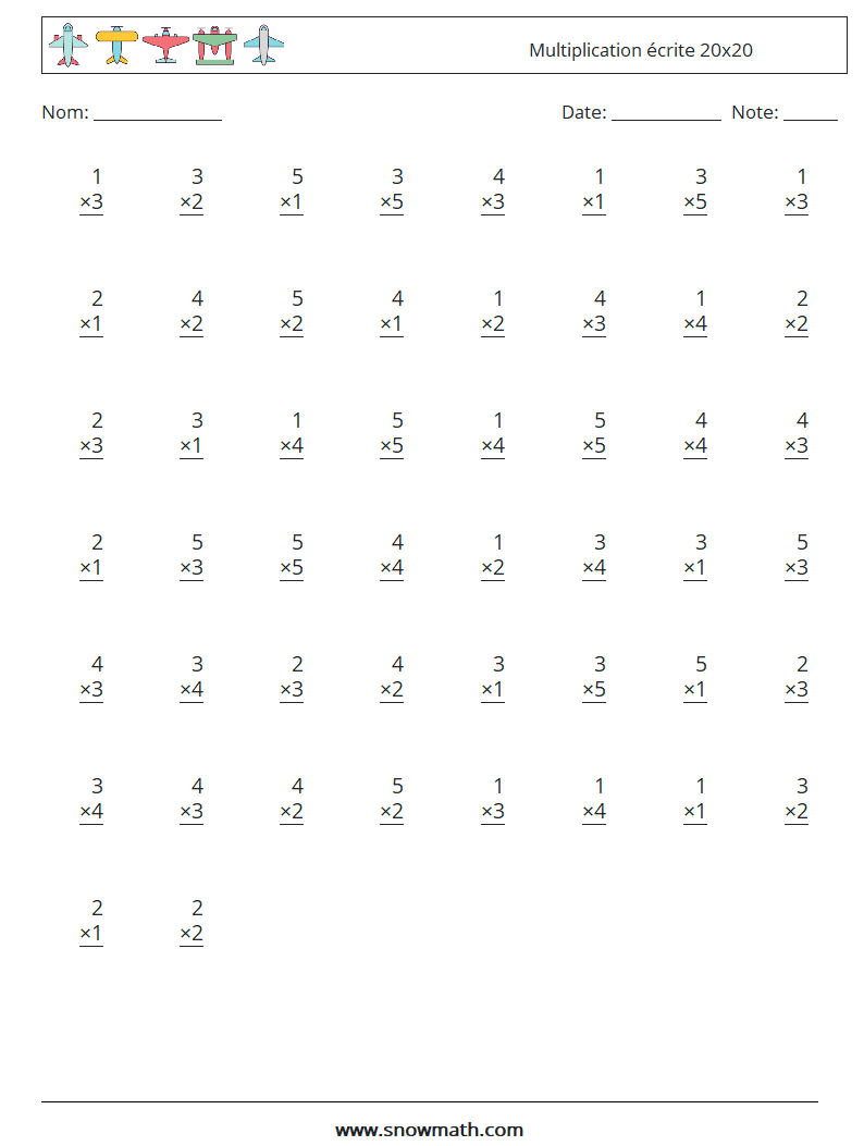 (50) Multiplication écrite 20x20 Fiches d'Exercices de Mathématiques 2