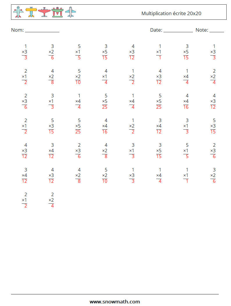 (50) Multiplication écrite 20x20 Fiches d'Exercices de Mathématiques 2 Question, Réponse