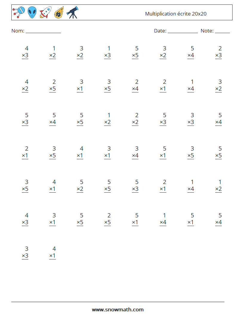 (50) Multiplication écrite 20x20 Fiches d'Exercices de Mathématiques 3