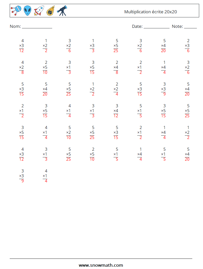 (50) Multiplication écrite 20x20 Fiches d'Exercices de Mathématiques 3 Question, Réponse