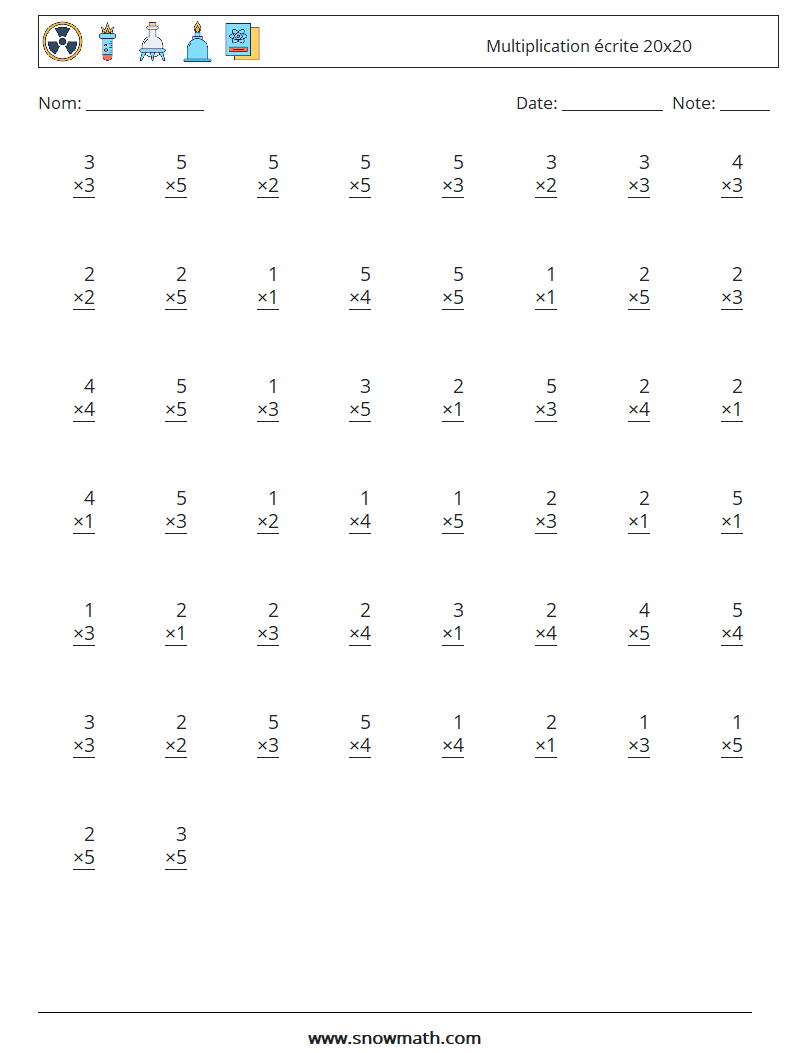 (50) Multiplication écrite 20x20 Fiches d'Exercices de Mathématiques 4