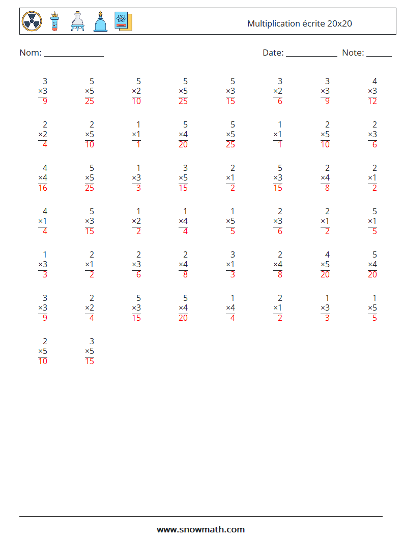 (50) Multiplication écrite 20x20 Fiches d'Exercices de Mathématiques 4 Question, Réponse