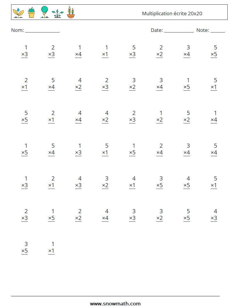 (50) Multiplication écrite 20x20 Fiches d'Exercices de Mathématiques 5