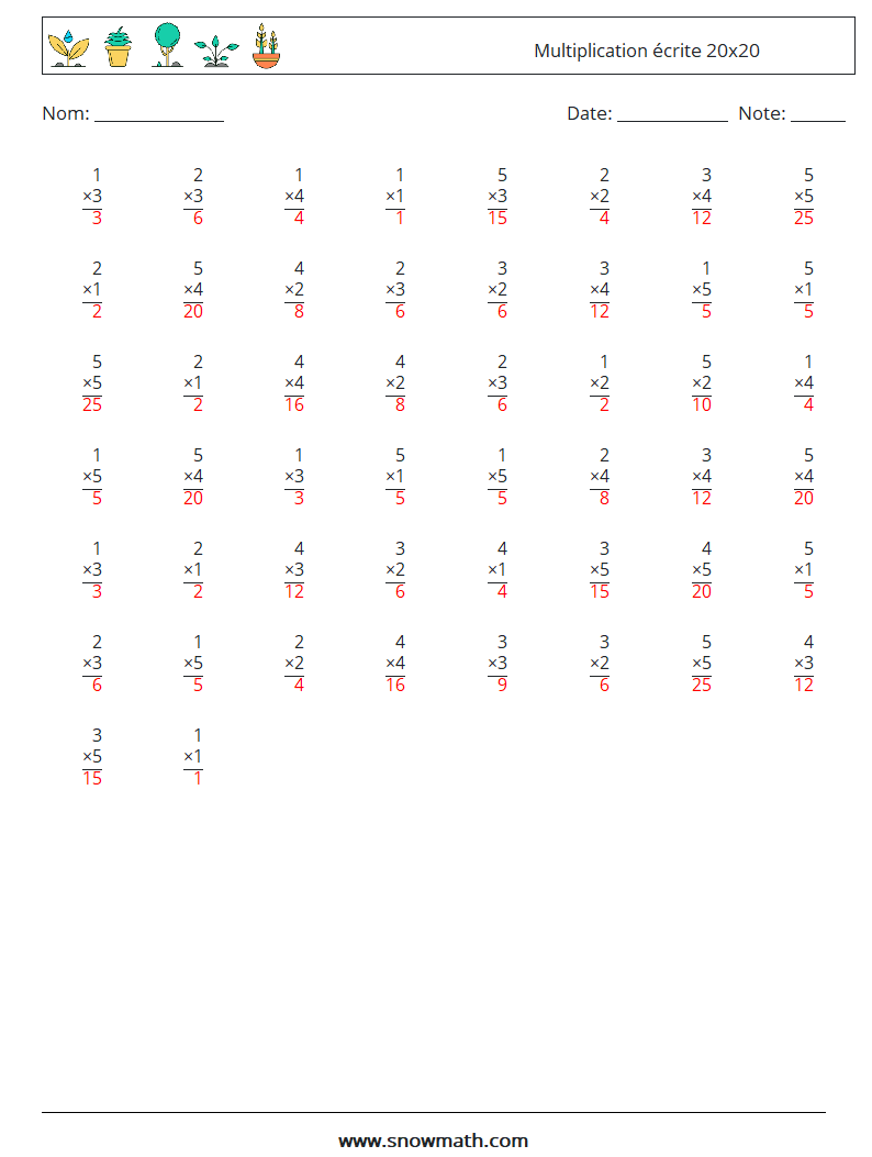 (50) Multiplication écrite 20x20 Fiches d'Exercices de Mathématiques 5 Question, Réponse