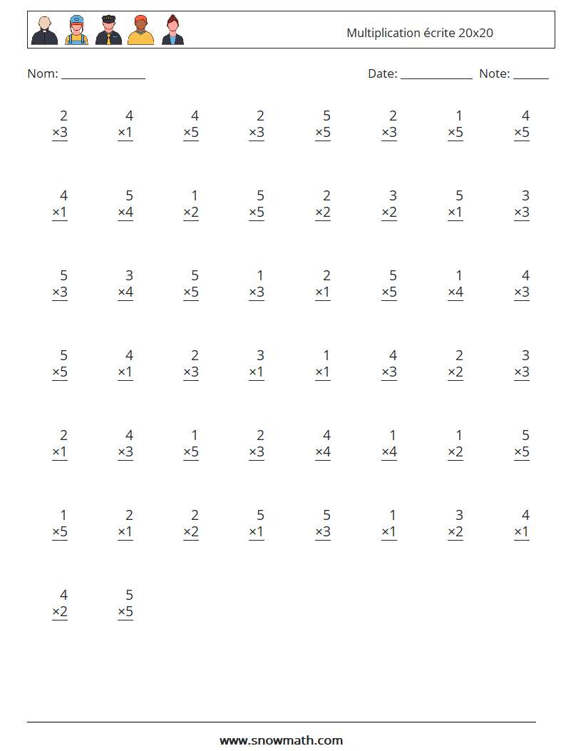 (50) Multiplication écrite 20x20 Fiches d'Exercices de Mathématiques 6