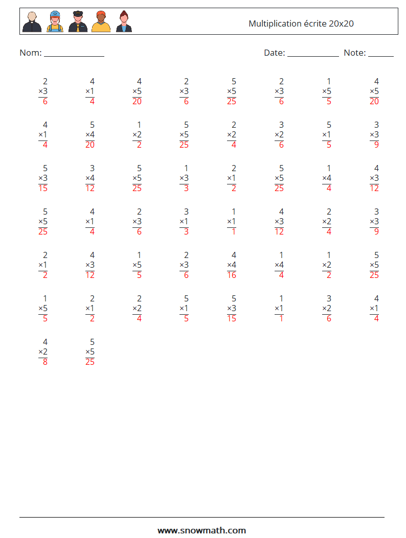 (50) Multiplication écrite 20x20 Fiches d'Exercices de Mathématiques 6 Question, Réponse