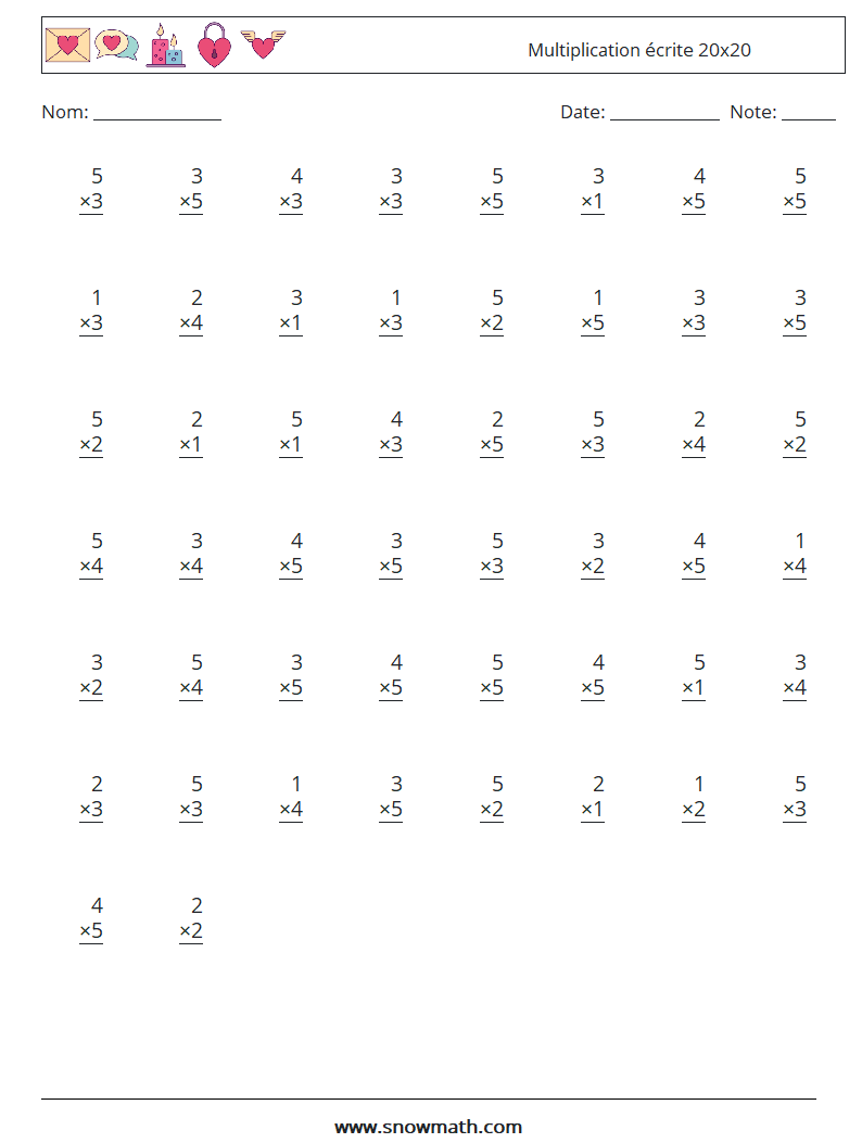 (50) Multiplication écrite 20x20 Fiches d'Exercices de Mathématiques 7