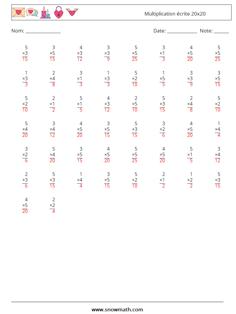 (50) Multiplication écrite 20x20 Fiches d'Exercices de Mathématiques 7 Question, Réponse