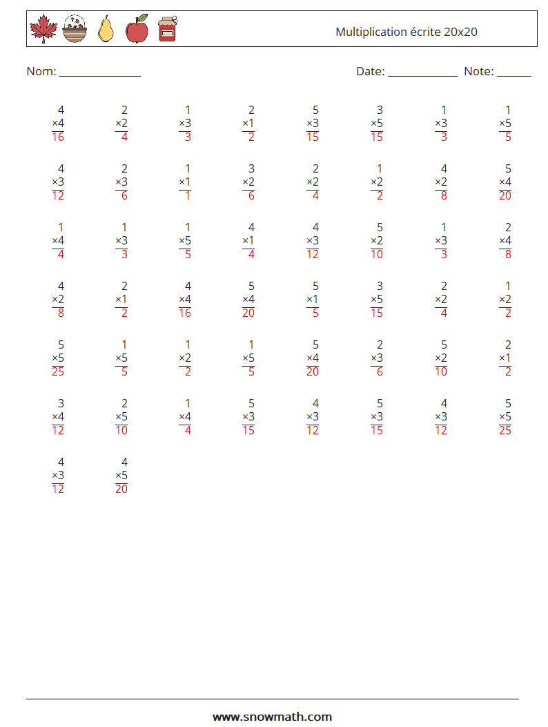 (50) Multiplication écrite 20x20 Fiches d'Exercices de Mathématiques 8 Question, Réponse