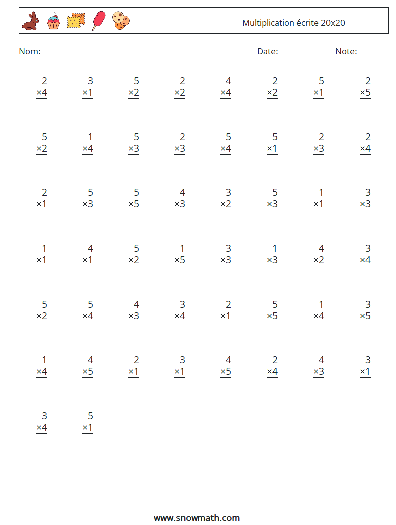 (50) Multiplication écrite 20x20 Fiches d'Exercices de Mathématiques 9