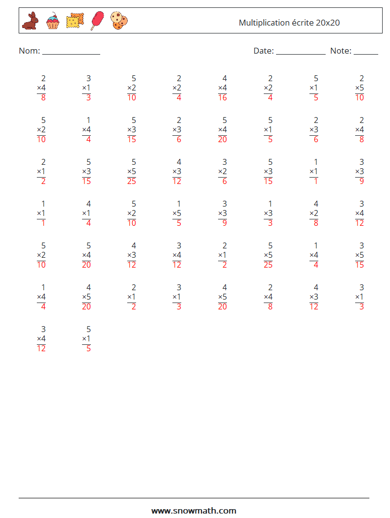 (50) Multiplication écrite 20x20 Fiches d'Exercices de Mathématiques 9 Question, Réponse