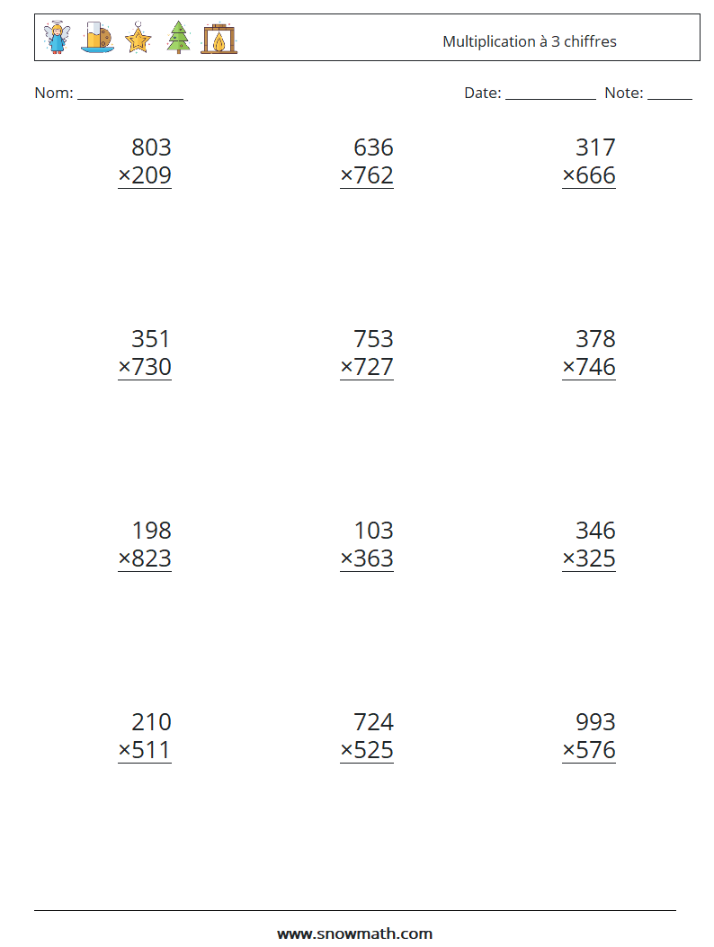 (12) Multiplication à 3 chiffres Fiches d'Exercices de Mathématiques 1