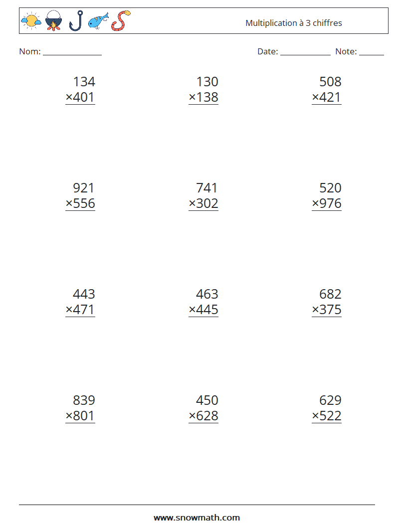 (12) Multiplication à 3 chiffres Fiches d'Exercices de Mathématiques 10