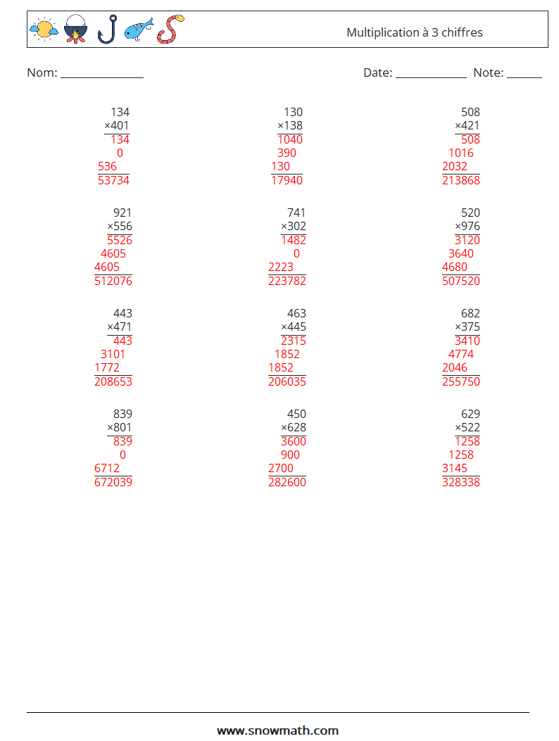 (12) Multiplication à 3 chiffres Fiches d'Exercices de Mathématiques 10 Question, Réponse