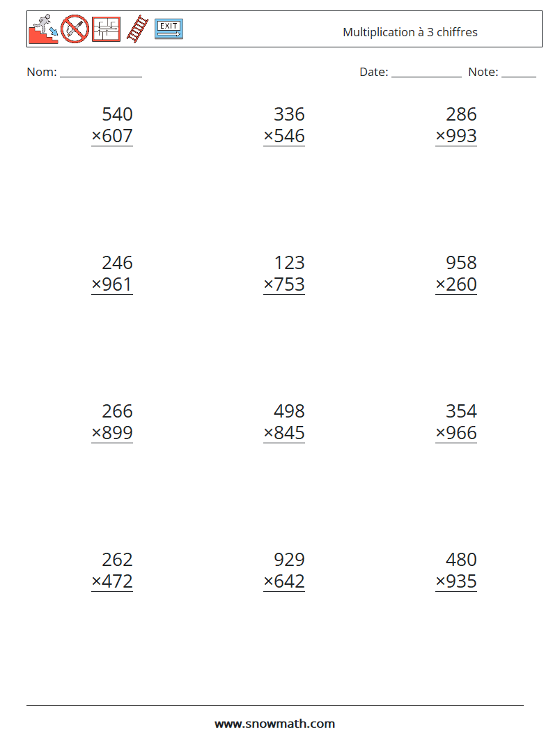 (12) Multiplication à 3 chiffres Fiches d'Exercices de Mathématiques 11