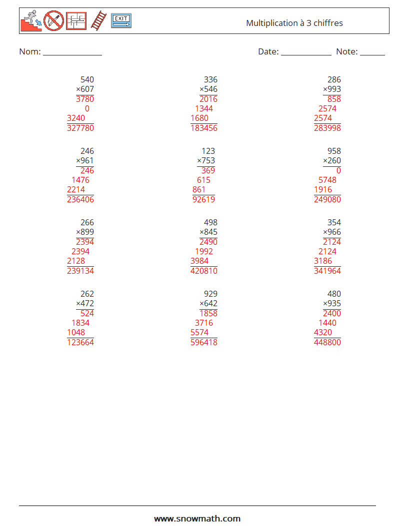 (12) Multiplication à 3 chiffres Fiches d'Exercices de Mathématiques 11 Question, Réponse