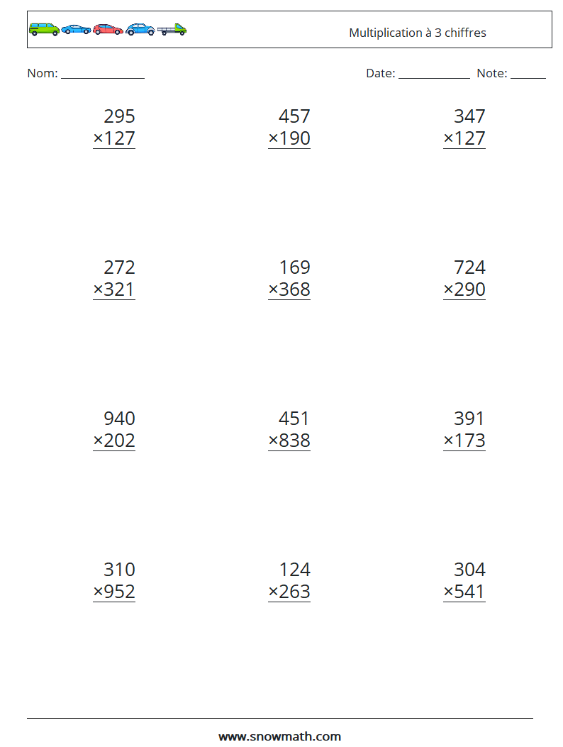 (12) Multiplication à 3 chiffres Fiches d'Exercices de Mathématiques 12