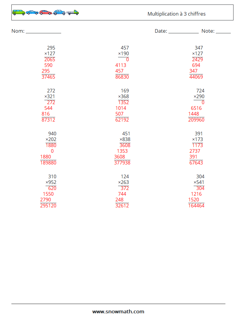 (12) Multiplication à 3 chiffres Fiches d'Exercices de Mathématiques 12 Question, Réponse