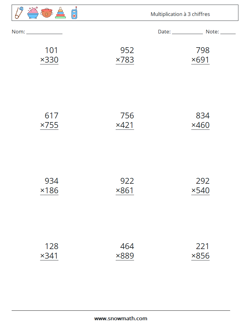 (12) Multiplication à 3 chiffres Fiches d'Exercices de Mathématiques 14