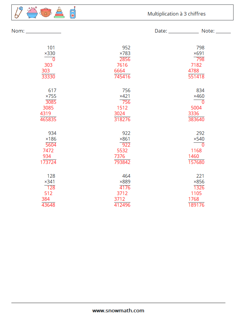 (12) Multiplication à 3 chiffres Fiches d'Exercices de Mathématiques 14 Question, Réponse