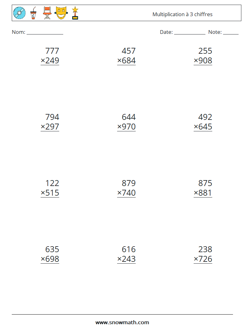 (12) Multiplication à 3 chiffres Fiches d'Exercices de Mathématiques 15