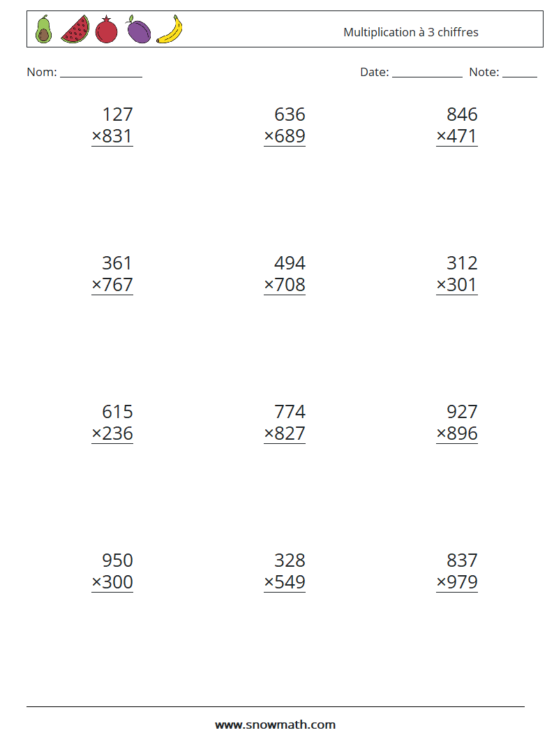 (12) Multiplication à 3 chiffres Fiches d'Exercices de Mathématiques 17