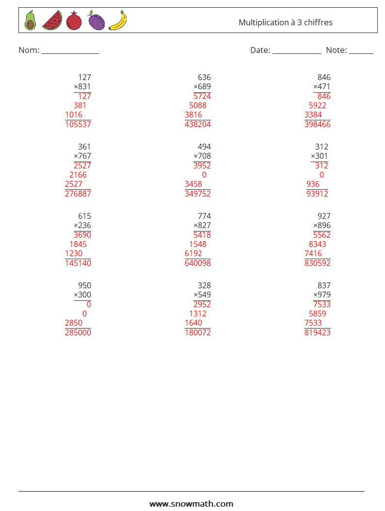 (12) Multiplication à 3 chiffres Fiches d'Exercices de Mathématiques 17 Question, Réponse