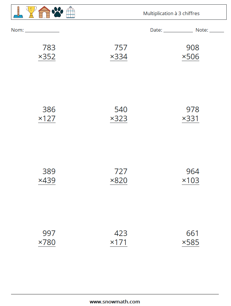 (12) Multiplication à 3 chiffres Fiches d'Exercices de Mathématiques 18