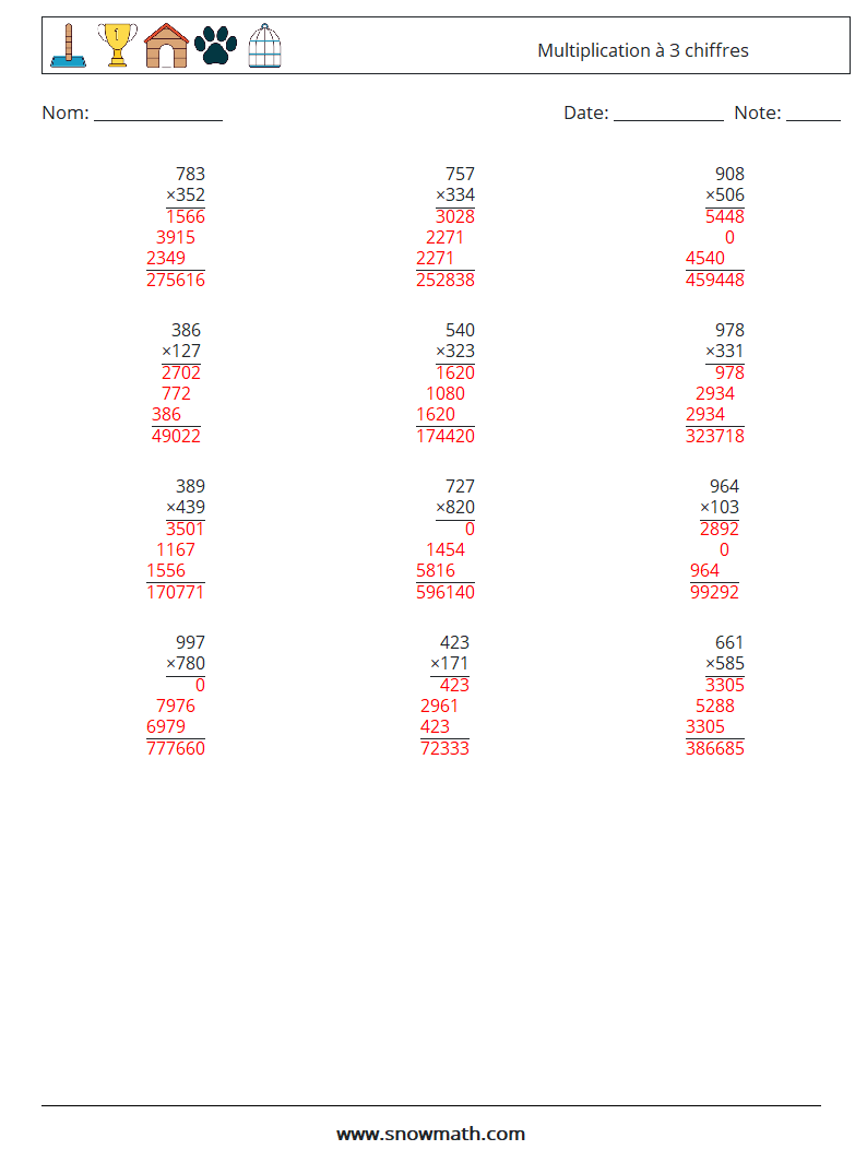 (12) Multiplication à 3 chiffres Fiches d'Exercices de Mathématiques 18 Question, Réponse