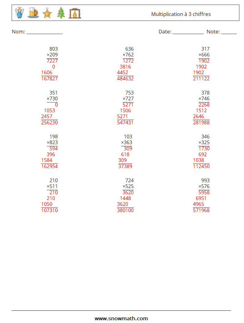 (12) Multiplication à 3 chiffres Fiches d'Exercices de Mathématiques 1 Question, Réponse