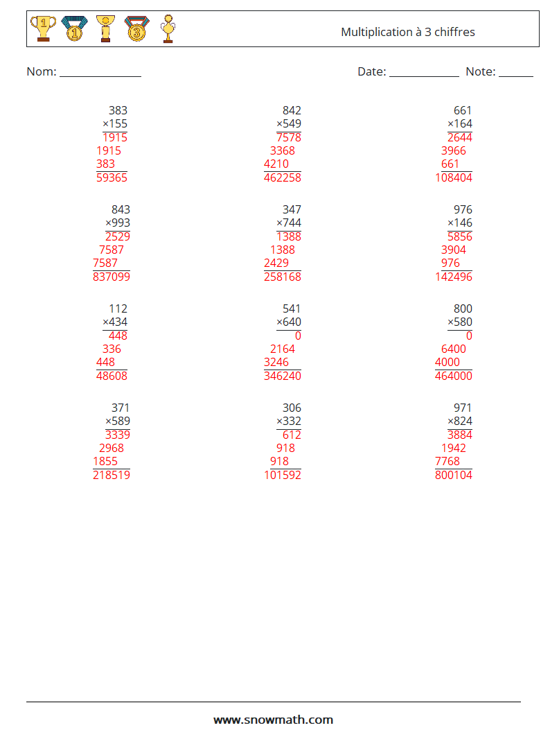 (12) Multiplication à 3 chiffres Fiches d'Exercices de Mathématiques 2 Question, Réponse