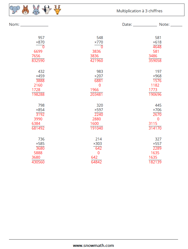 (12) Multiplication à 3 chiffres Fiches d'Exercices de Mathématiques 3 Question, Réponse