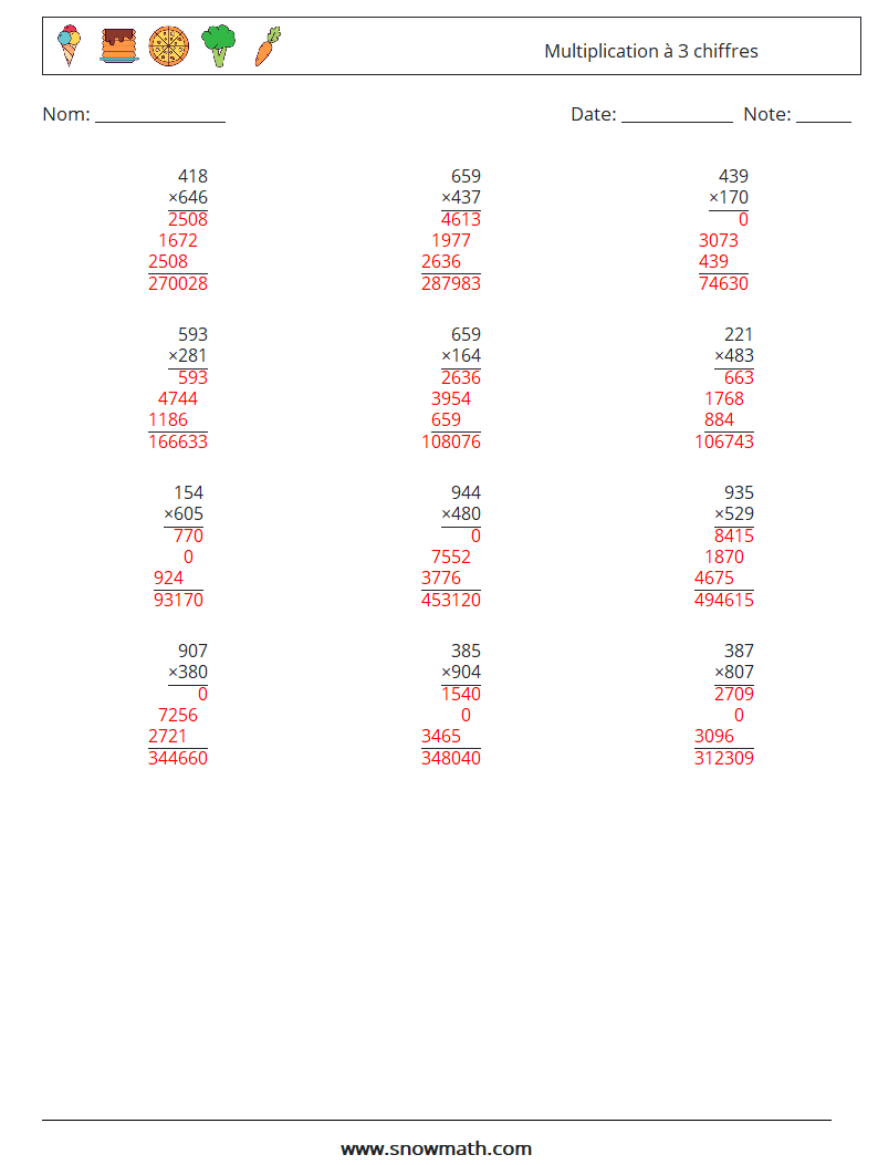 (12) Multiplication à 3 chiffres Fiches d'Exercices de Mathématiques 4 Question, Réponse