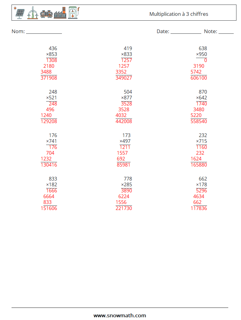 (12) Multiplication à 3 chiffres Fiches d'Exercices de Mathématiques 5 Question, Réponse