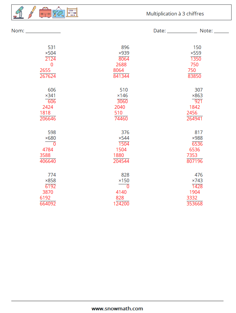 (12) Multiplication à 3 chiffres Fiches d'Exercices de Mathématiques 6 Question, Réponse