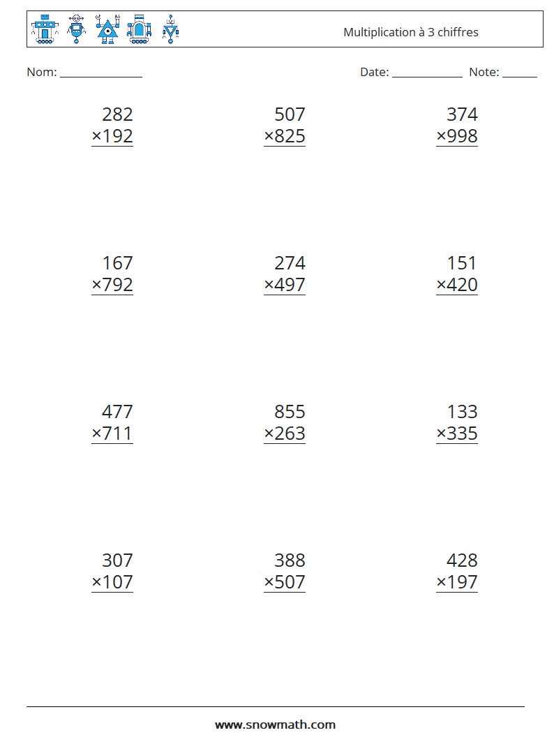 (12) Multiplication à 3 chiffres Fiches d'Exercices de Mathématiques 7