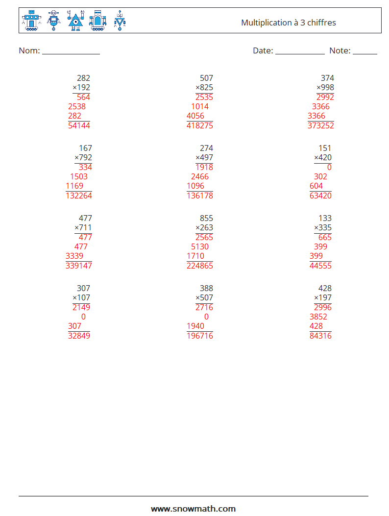 (12) Multiplication à 3 chiffres Fiches d'Exercices de Mathématiques 7 Question, Réponse